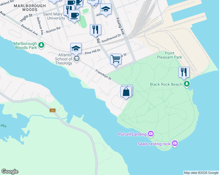 map of restaurants, bars, coffee shops, grocery stores, and more near 5845 Inglewood Drive in Halifax