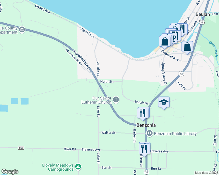 map of restaurants, bars, coffee shops, grocery stores, and more near North Street in Benzonia
