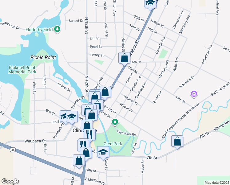 map of restaurants, bars, coffee shops, grocery stores, and more near 52 North Main Street in Clintonville