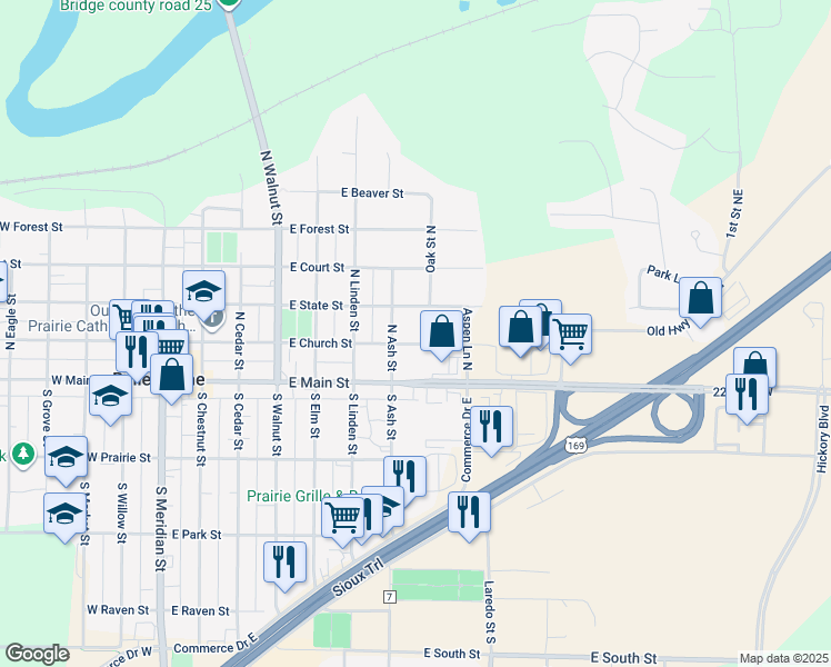 map of restaurants, bars, coffee shops, grocery stores, and more near 227 North Ash Street in Belle Plaine