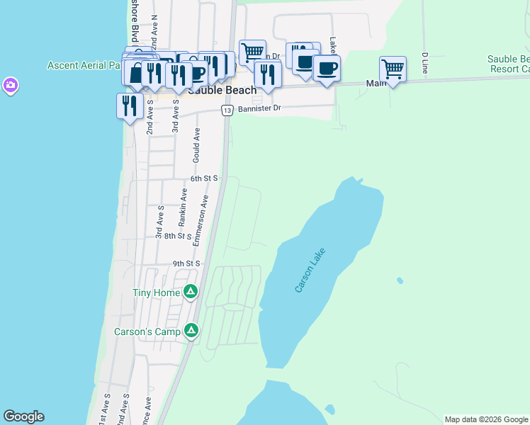 map of restaurants, bars, coffee shops, grocery stores, and more near 90 Carson Lake Crescent in Sauble Beach