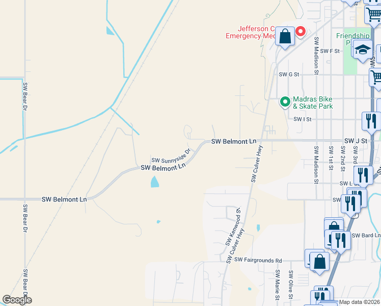 map of restaurants, bars, coffee shops, grocery stores, and more near 757 Southwest Sunrise Street in Madras