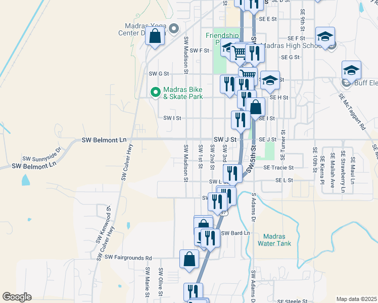 map of restaurants, bars, coffee shops, grocery stores, and more near 781 Southwest Madison Street in Madras