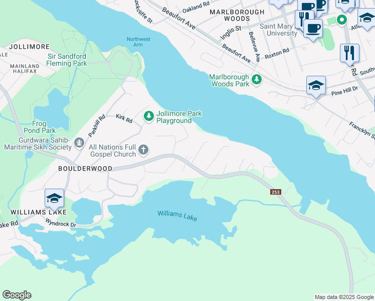 map of restaurants, bars, coffee shops, grocery stores, and more near 47 Boscobel Road in Halifax