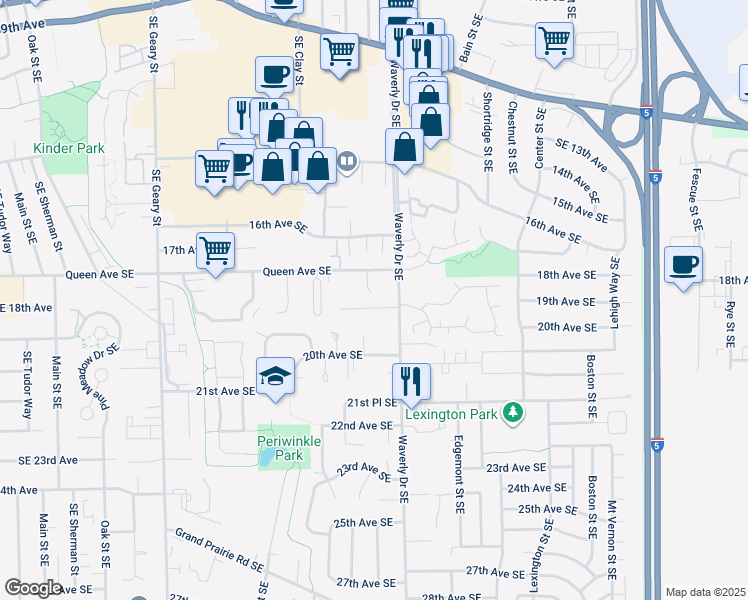 map of restaurants, bars, coffee shops, grocery stores, and more near 1716 Southeast Waverly Drive in Albany