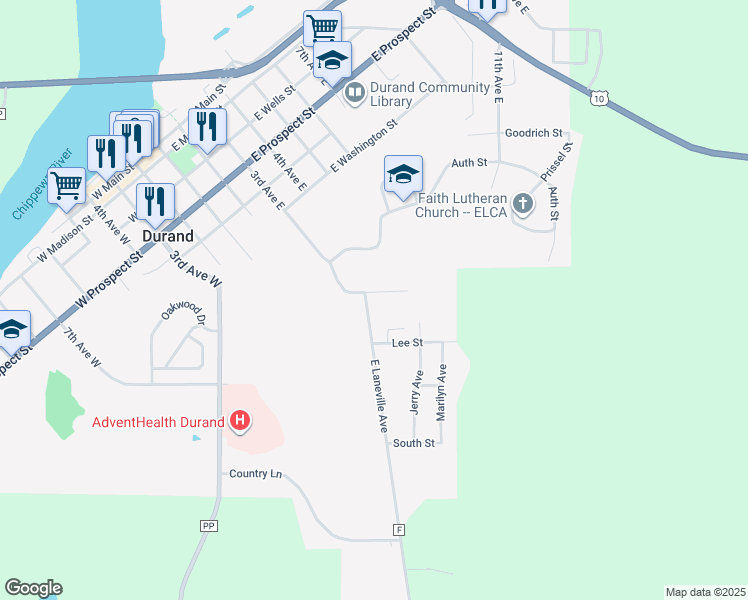 map of restaurants, bars, coffee shops, grocery stores, and more near 404 Drier Street in Durand