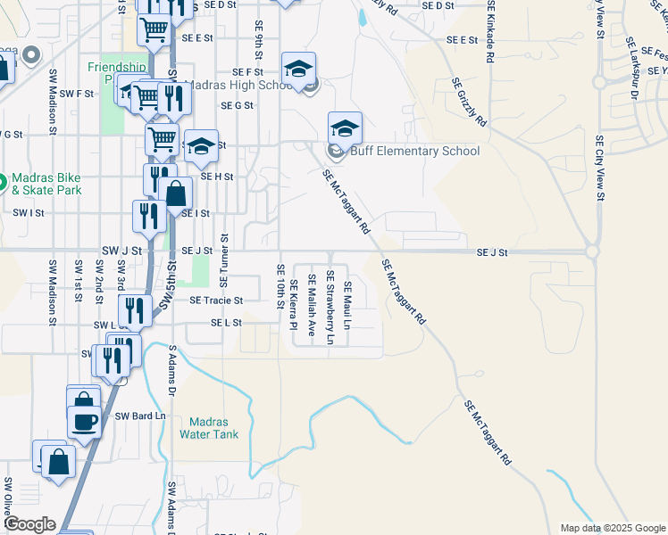 map of restaurants, bars, coffee shops, grocery stores, and more near 400 Southeast Carmen Way in Madras