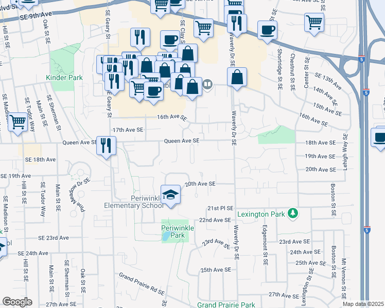 map of restaurants, bars, coffee shops, grocery stores, and more near 1704 Periwinkle Circle Southeast in Albany