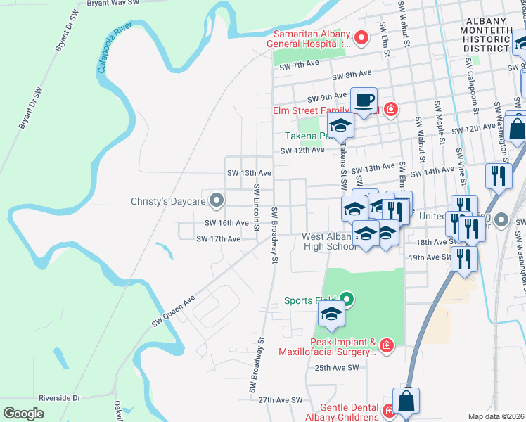 map of restaurants, bars, coffee shops, grocery stores, and more near 1630 Southwest 15th Avenue in Albany