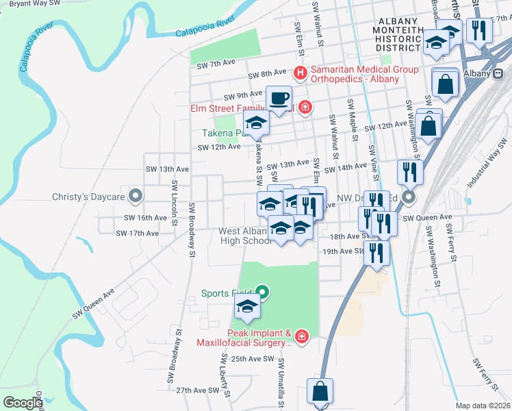map of restaurants, bars, coffee shops, grocery stores, and more near 1226 Southwest 15th Avenue in Albany