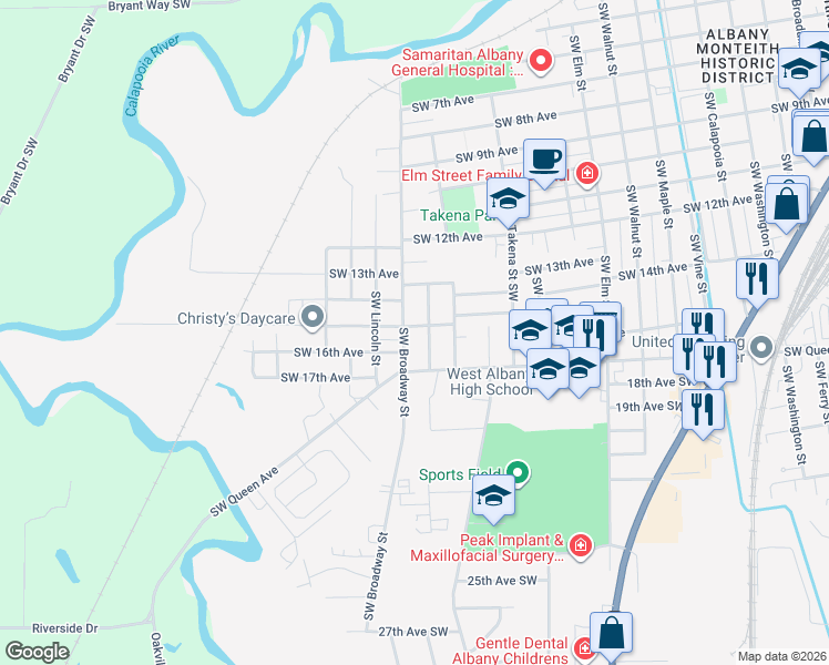 map of restaurants, bars, coffee shops, grocery stores, and more near 1429 Southwest Broadway Street in Albany
