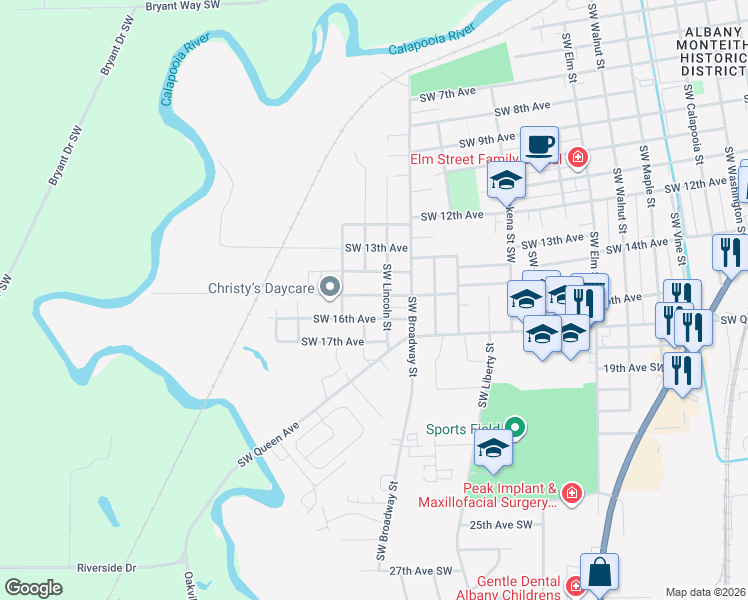 map of restaurants, bars, coffee shops, grocery stores, and more near 1726 Southwest 15th Avenue in Albany