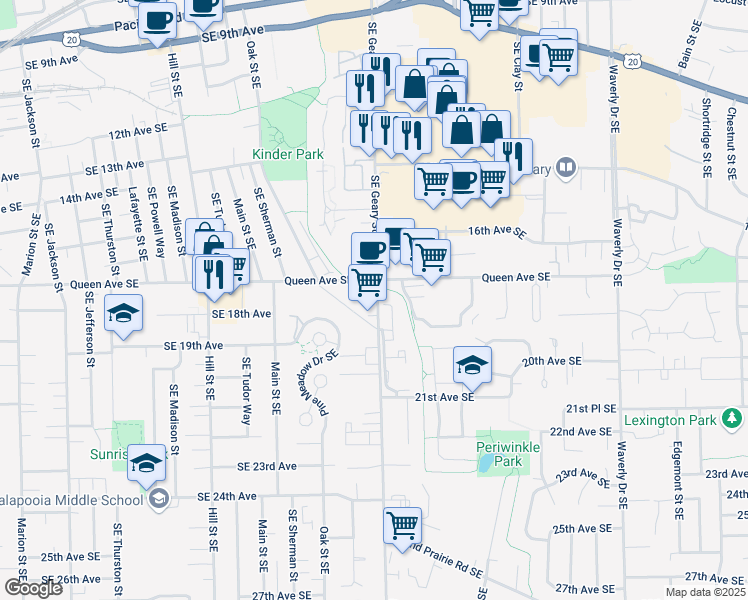 map of restaurants, bars, coffee shops, grocery stores, and more near 1710 Southeast Geary Street in Albany