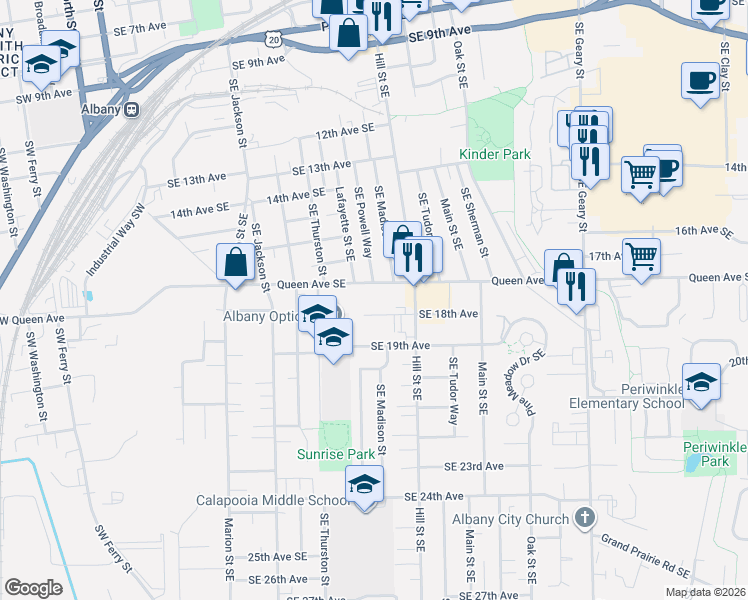 map of restaurants, bars, coffee shops, grocery stores, and more near 750 Queen Avenue Southeast in Albany