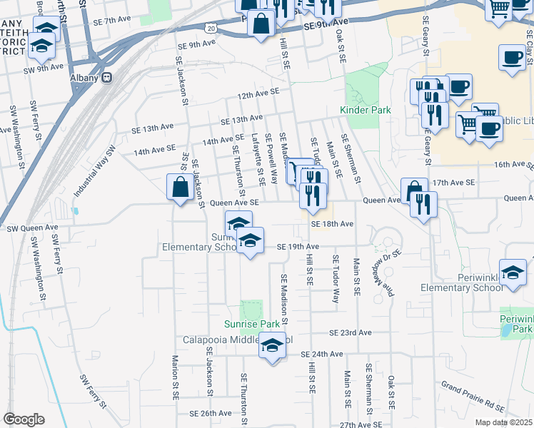 map of restaurants, bars, coffee shops, grocery stores, and more near 750 Queen Avenue Southeast in Albany