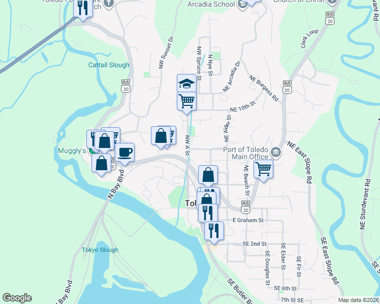 map of restaurants, bars, coffee shops, grocery stores, and more near 720 Northwest A Street in Toledo