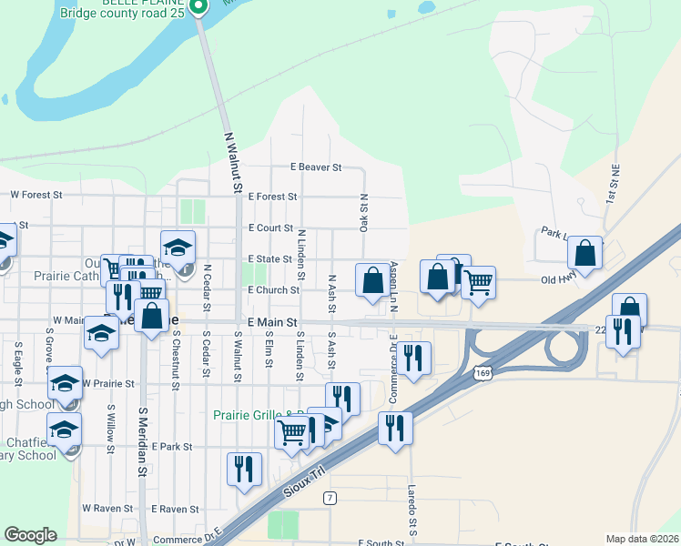 map of restaurants, bars, coffee shops, grocery stores, and more near 227 North Ash Street in Belle Plaine
