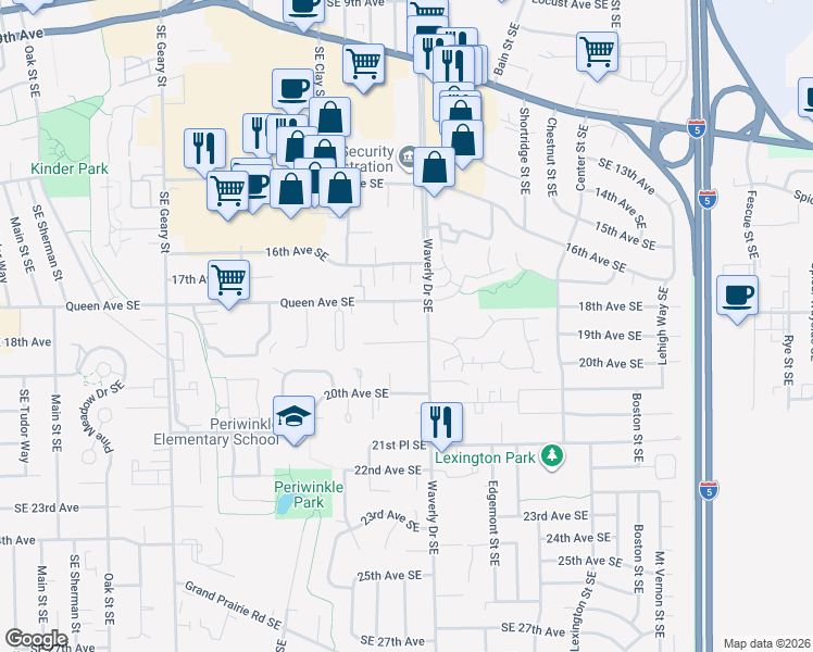 map of restaurants, bars, coffee shops, grocery stores, and more near 1716 Southeast Waverly Drive in Albany