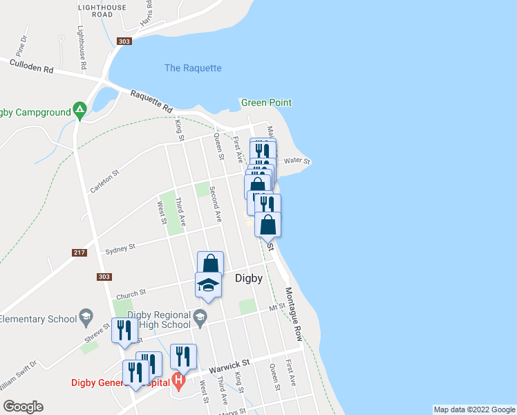 map of restaurants, bars, coffee shops, grocery stores, and more near 65 Water Street in Digby