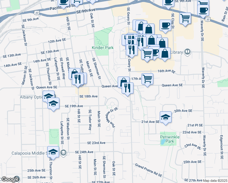 map of restaurants, bars, coffee shops, grocery stores, and more near 1400 Queen Avenue Southeast in Albany