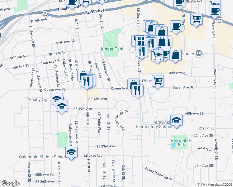 map of restaurants, bars, coffee shops, grocery stores, and more near 1250 Queen Avenue Southeast in Albany