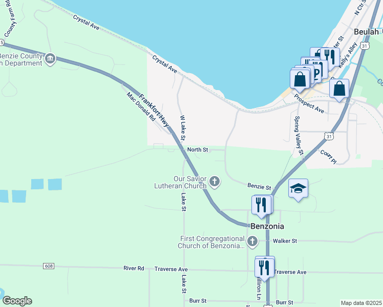map of restaurants, bars, coffee shops, grocery stores, and more near North Street in Benzonia