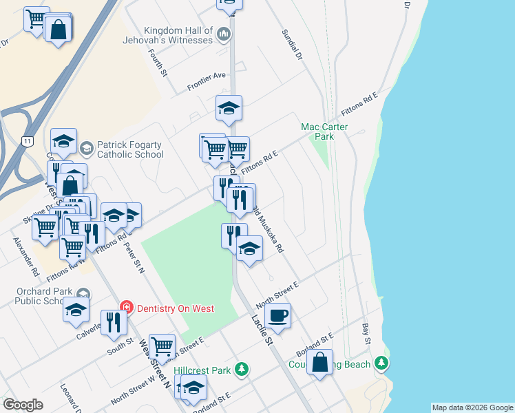 map of restaurants, bars, coffee shops, grocery stores, and more near 190 Delta Street in Orillia