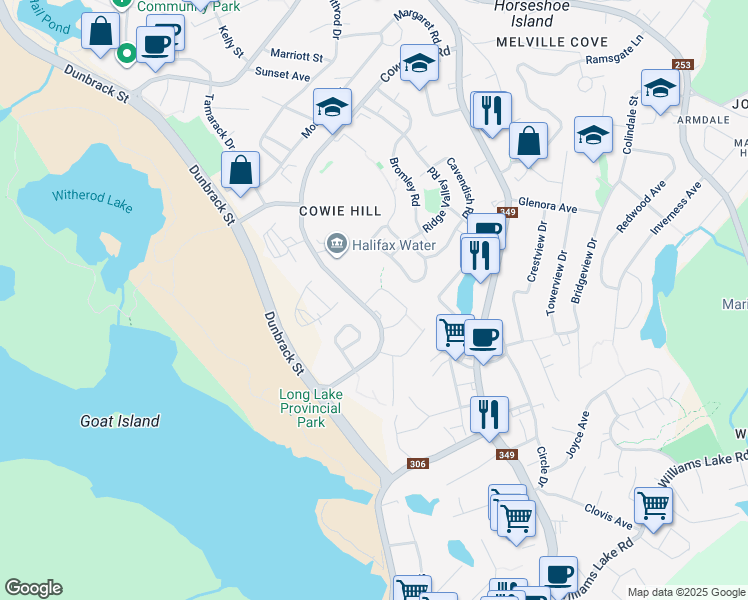map of restaurants, bars, coffee shops, grocery stores, and more near 92 Darjeeling Drive in Halifax