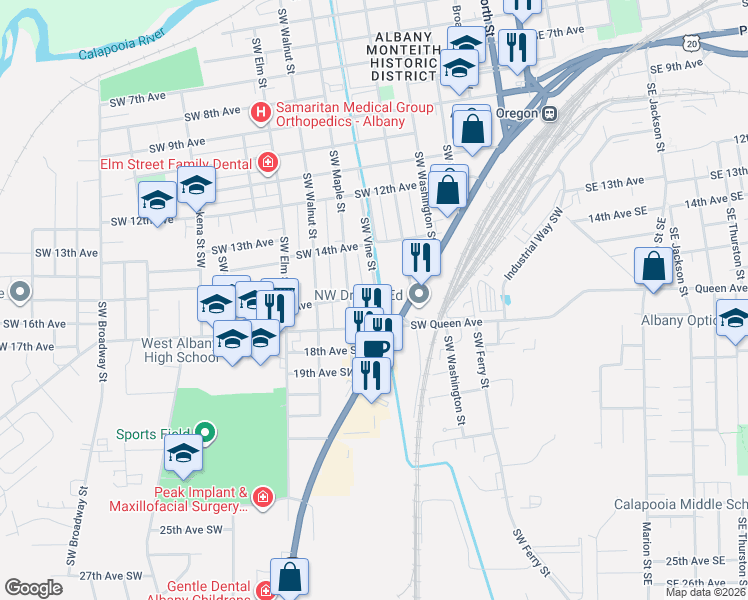 map of restaurants, bars, coffee shops, grocery stores, and more near 704 Southwest 16th Avenue in Albany