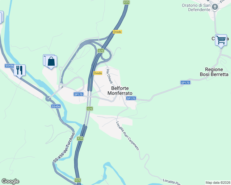 map of restaurants, bars, coffee shops, grocery stores, and more near in Belforte Monferrato