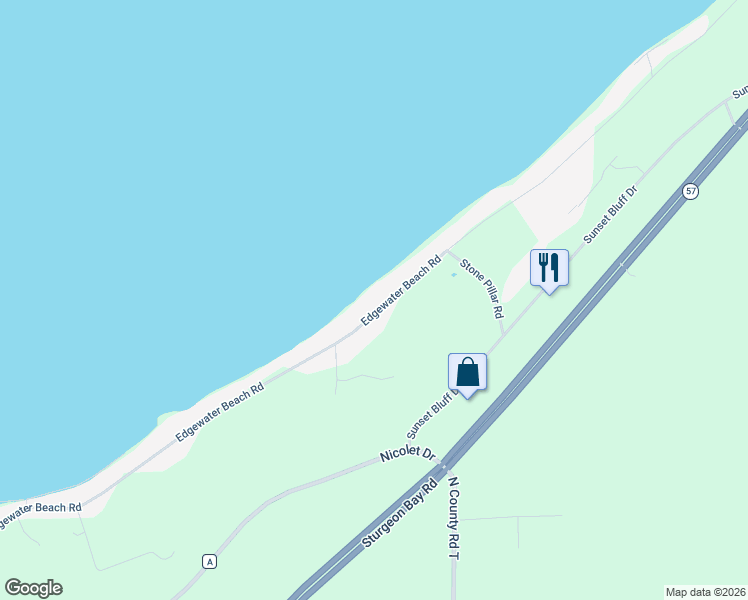 map of restaurants, bars, coffee shops, grocery stores, and more near 5043 Edgewater Beach Road in Green Bay