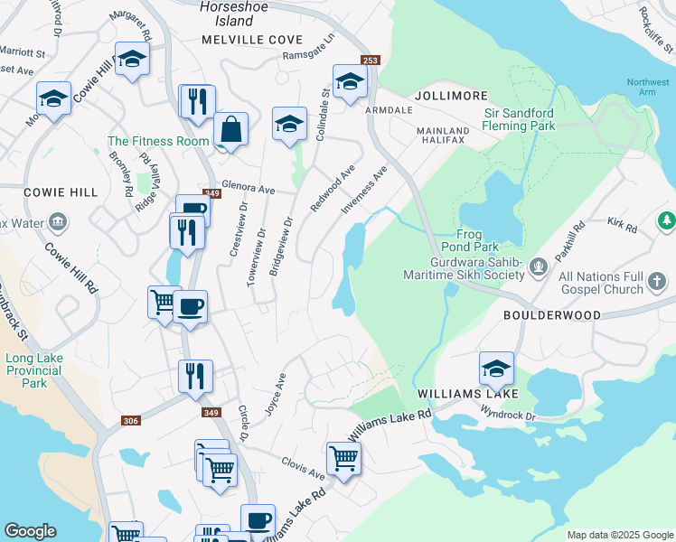 map of restaurants, bars, coffee shops, grocery stores, and more near 14 Whimsical Lake Crescent in Halifax