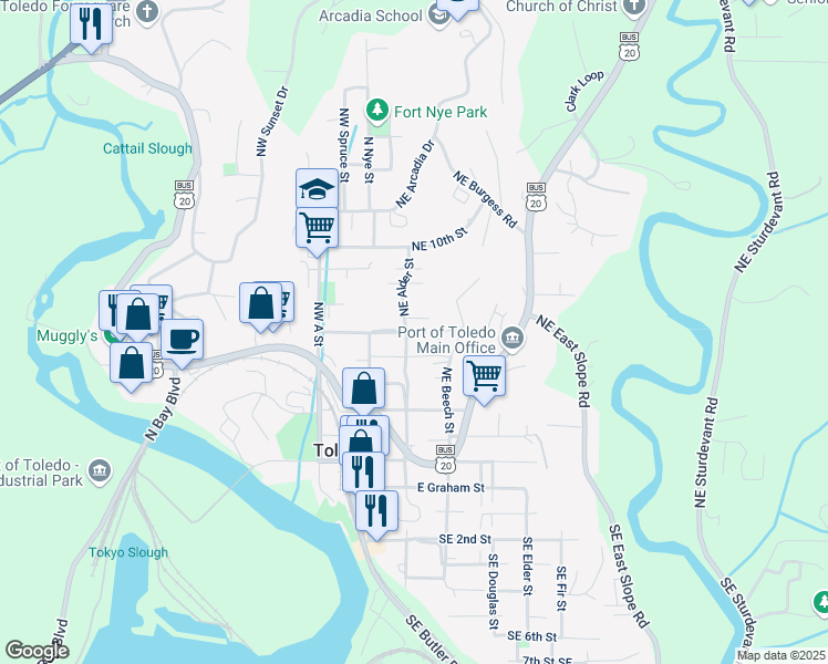 map of restaurants, bars, coffee shops, grocery stores, and more near 192 NE 6th St in Toledo