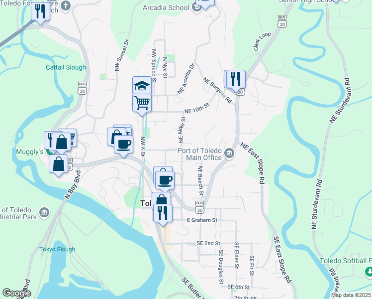 map of restaurants, bars, coffee shops, grocery stores, and more near 192 Northeast 6th Street in Toledo