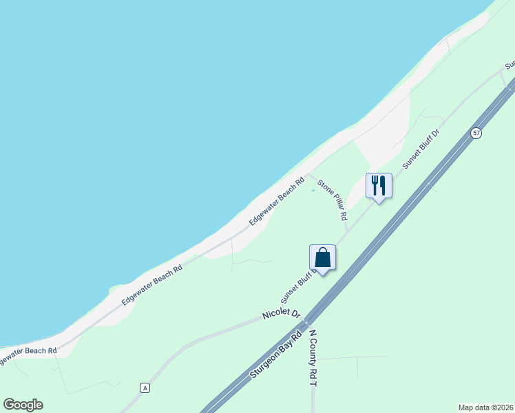 map of restaurants, bars, coffee shops, grocery stores, and more near 5043 Edgewater Beach Road in Green Bay