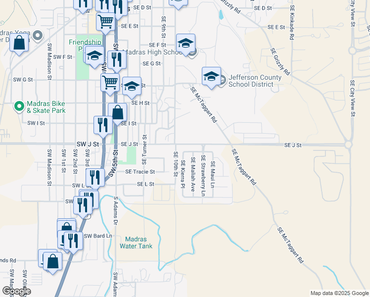 map of restaurants, bars, coffee shops, grocery stores, and more near 300 Southeast Carmen Way in Madras