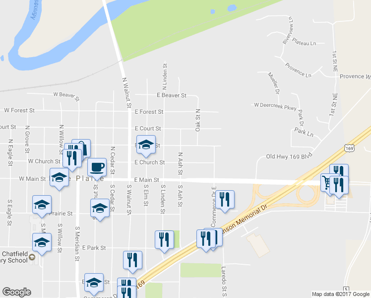 map of restaurants, bars, coffee shops, grocery stores, and more near 227 North Ash Street in Belle Plaine