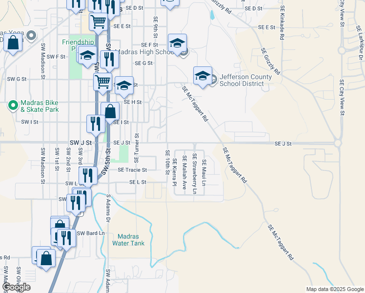 map of restaurants, bars, coffee shops, grocery stores, and more near 300 Southeast Carmen Way in Madras