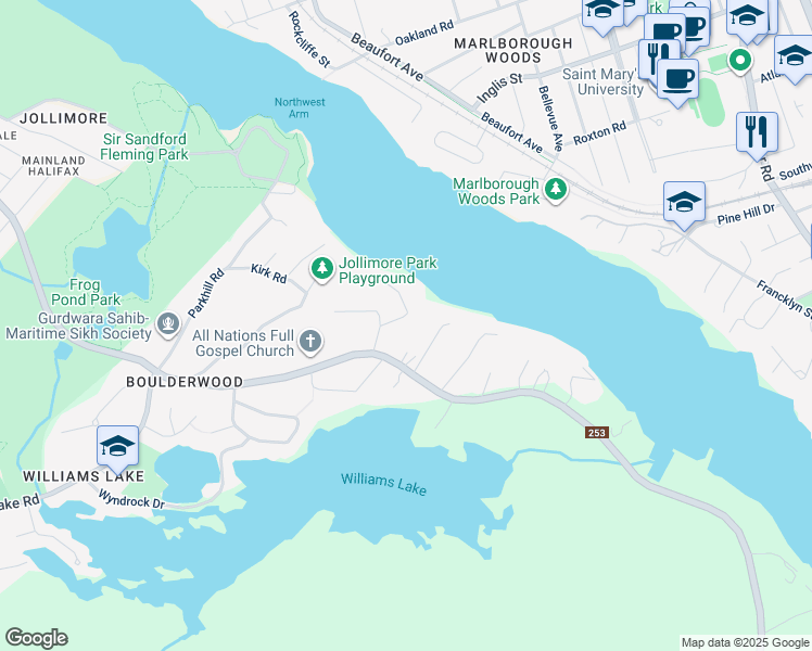 map of restaurants, bars, coffee shops, grocery stores, and more near 21 Boscobel Road in Halifax