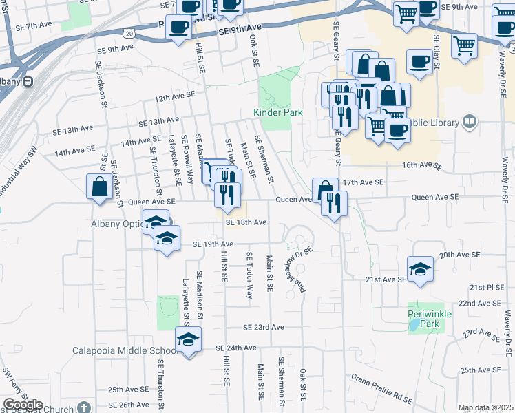 map of restaurants, bars, coffee shops, grocery stores, and more near 1080 Queen Avenue Southeast in Albany