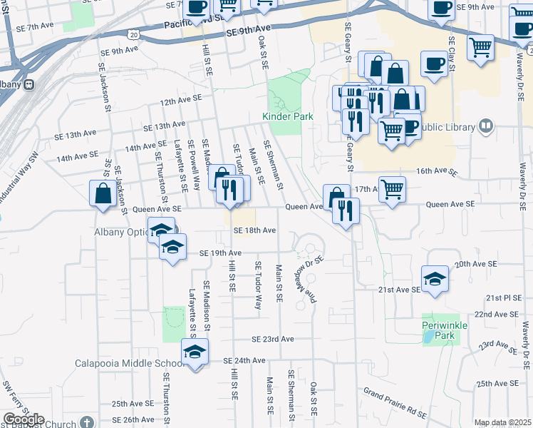 map of restaurants, bars, coffee shops, grocery stores, and more near 1080 Queen Avenue Southeast in Albany