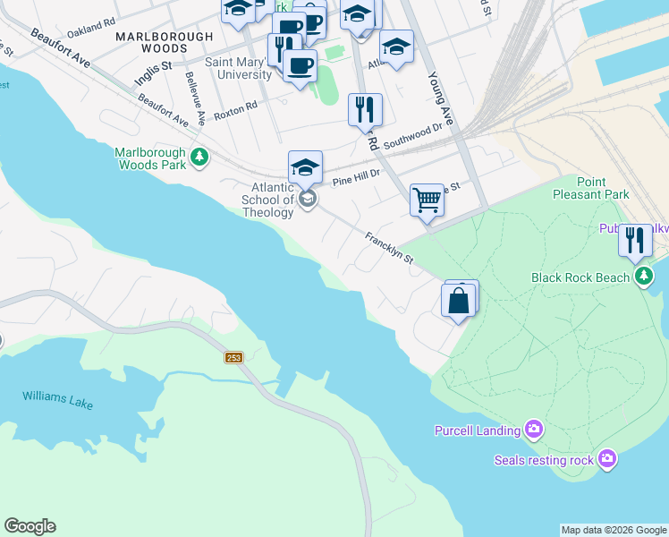 map of restaurants, bars, coffee shops, grocery stores, and more near 6000 Bilton Lane in Halifax