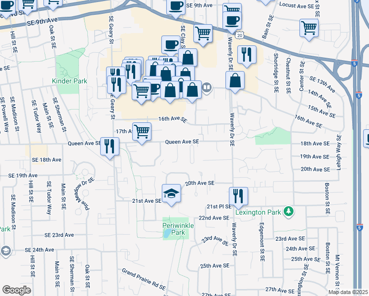 map of restaurants, bars, coffee shops, grocery stores, and more near 1704 Periwinkle Circle Southeast in Albany