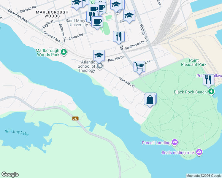 map of restaurants, bars, coffee shops, grocery stores, and more near 5964 Emscote Drive in Halifax