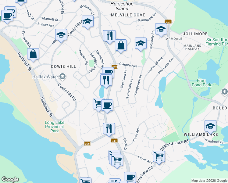 map of restaurants, bars, coffee shops, grocery stores, and more near 18 Bryden Avenue in Halifax