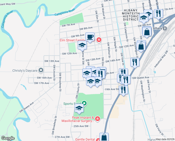 map of restaurants, bars, coffee shops, grocery stores, and more near 1430 Southwest Umatilla Street in Albany