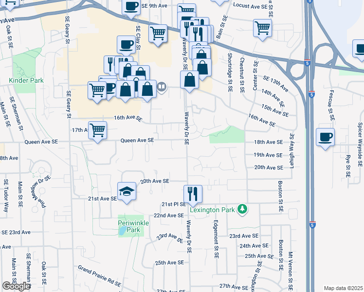 map of restaurants, bars, coffee shops, grocery stores, and more near 1716 Southeast Waverly Drive in Albany