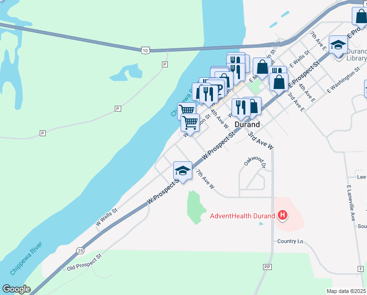 map of restaurants, bars, coffee shops, grocery stores, and more near 409 6th Avenue West in Durand