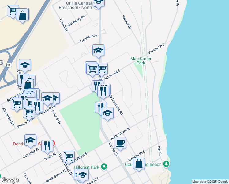 map of restaurants, bars, coffee shops, grocery stores, and more near 190 Delta Street in Orillia