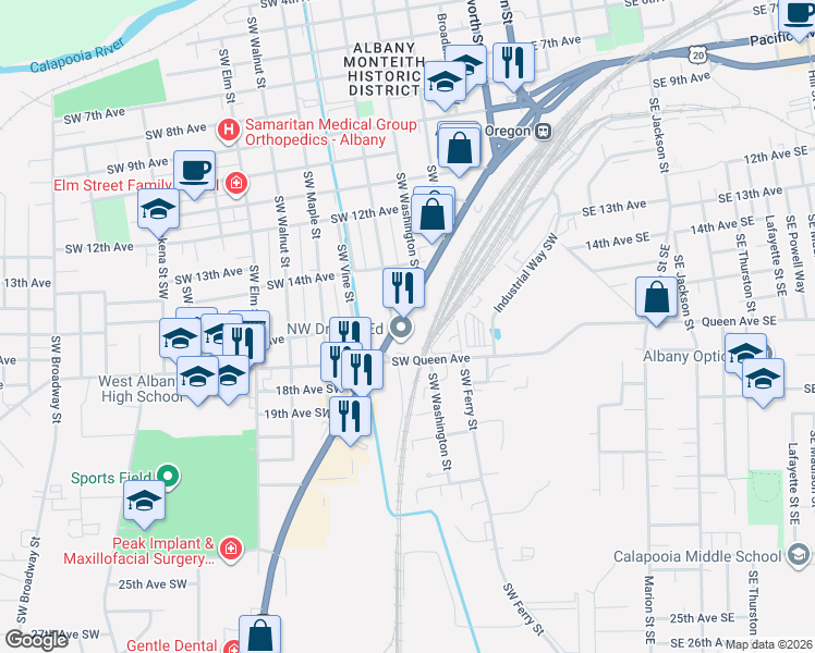 map of restaurants, bars, coffee shops, grocery stores, and more near 520 Pacific Boulevard Southwest in Albany